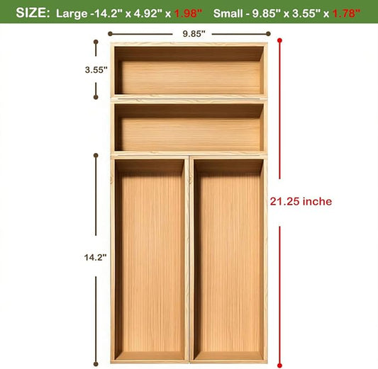 guiogc Bamboo Drawer Silverware Organizer, Set of 4 | Flatware Organizer, Large 14.2"x5"x2", Small 9.85"x3.55"x1.78", For Office, Bathroom Storage