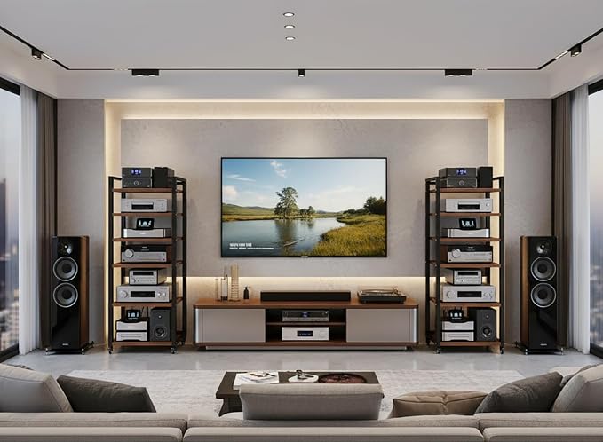 6 Tier AV Media Stand, 55in Audio Rack Tower Stereo Components Cabinet, Home Theatre CD Record Player Stereo Receiver Equipment Rack with Adjustable Wood Shelves, Load 400lbs (Walnut Brown)