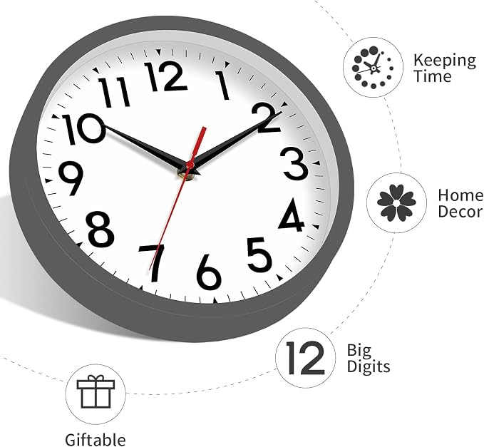 DAXSMY Wall Clock Small Analog 8 Inch Silent Non Ticking Battery Operated Modern Simple Decorative for Kitchen Office Bedroom Bathroom Living Room(Gray)