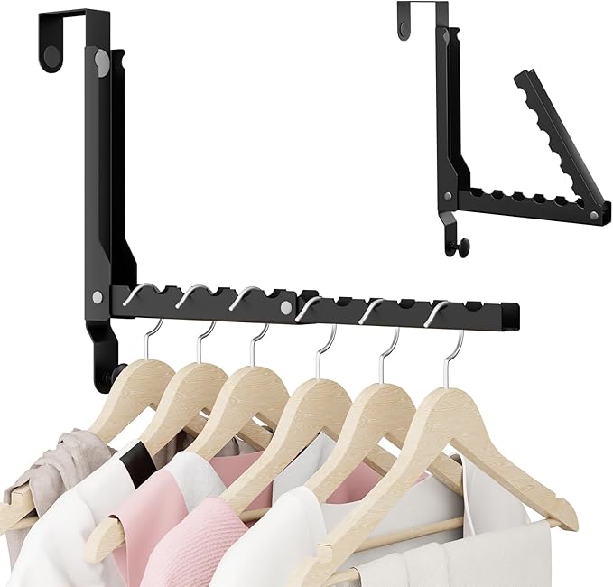 BAKON Over The Door Hangers, Over Door Hooks for Hanging, Small Space Dual Folding Portable Over Door Clothes Hanger for Clothes, Hats, Bags and Towels (1Pack,Black(Update))