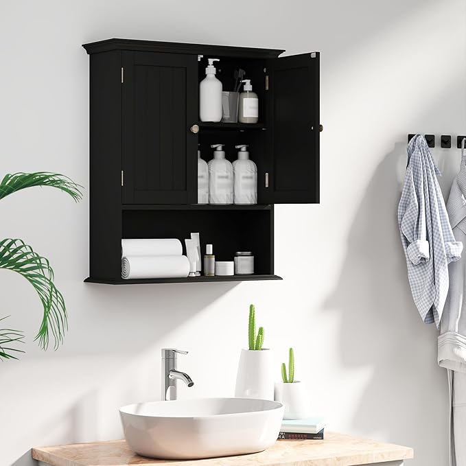 Giantex Bathroom Cabinet Wall Mount, Medicine Cabinet with Adjustable Shelf, Open Shelf, Over The Toilet Space Saver Storage Organizer for Laundry Room, Kitchen, Cupboard (Black)