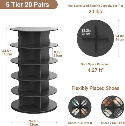5-Tier Rotating Standing Shelf Unit with Dividers, 360° Storage Display Tower Vertical Floor Organizer, for Bedroom, Closet, Entryway & Office, Ideal for Shoes, Cosmetics & Handbags, Black