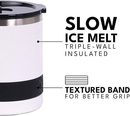 Elemental Recess Lowball Tumbler, 10oz Triple Wall Stainless Steel Cup with Non-Shattered Tritan Lid, Insulated Whiskey Glass, Insulated Coffee Tumbler Mug for Hot & Cold Drinks - White