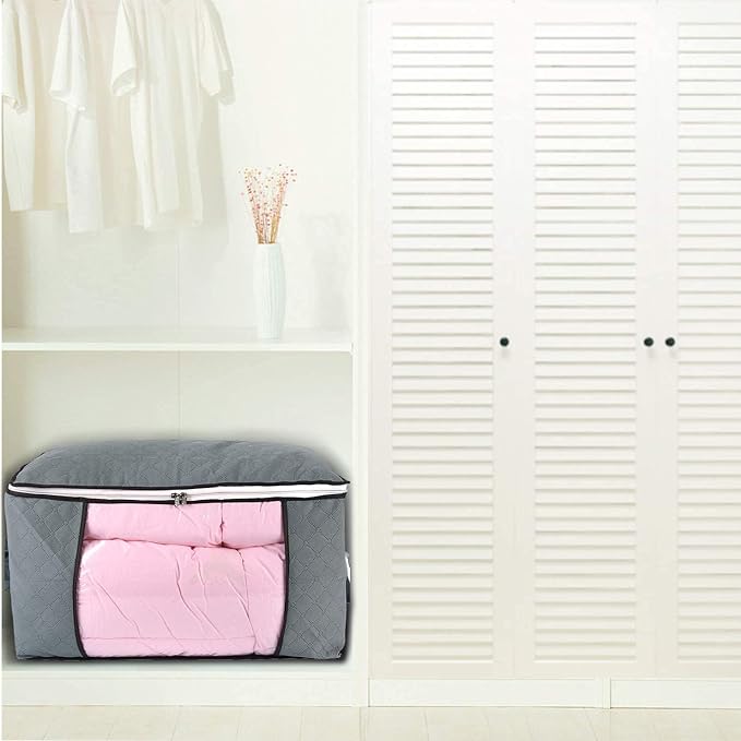 combocube Comforter Storage Bag, Zippered Bag with Large Clear Window and Carry Handles, Space Saver Organizers for Closet, Blanket, Pillow, Quilt, Bedding, Clothes (4Pcs Grey Large)