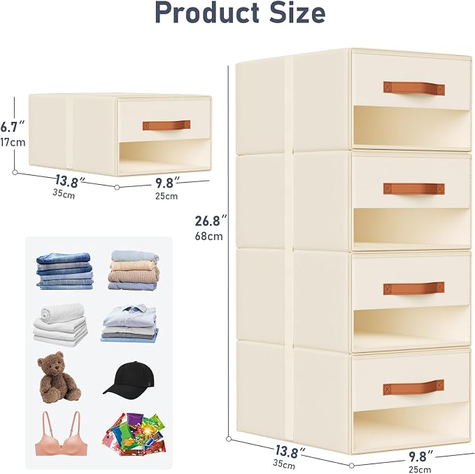 DIMJ Closet Organizers and Storage - Pull-out Fabric Bins with Drawers for Closet Foldable Clothes Organizers with Clear Window, Stackable Storage Drawers for Bedroom,Living Room,Shelf,4-Pack, Beige