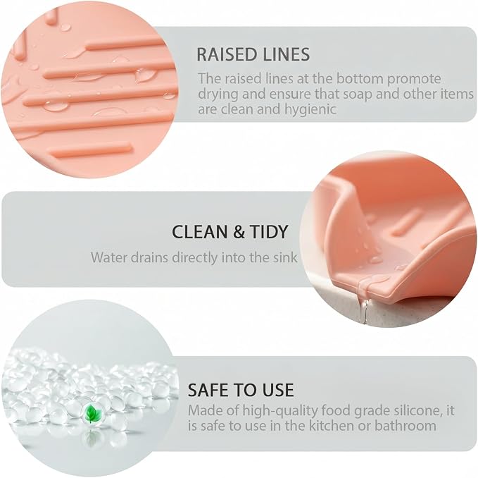 MicoYang Silicone Soap Dish with Drain Spout, Self-Draining Sink Organizer Tray for Bathroom and Kitchen, Sponges, Dispensers and Soap Holder, Non-Slip and Dishwasher Safe, Pink (Compact, 4.9"×3.2")