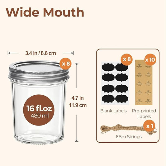 ComSaf Wide Mouth Mason Jars 16oz - 8 Pack, Pint Mason Jars with Lids and Seal Bands, Glass Canning Jars for Pickling, Jam, Jelly, Honey, Salad, Desert, Shower Wedding Favors, DIY Candles Decor