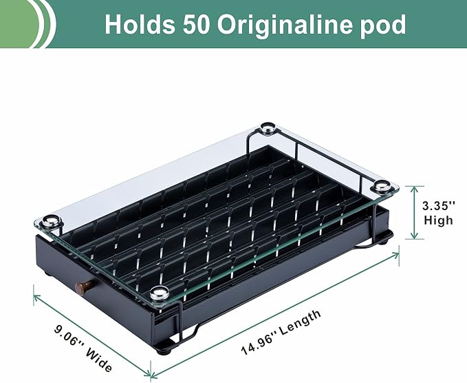 ZCDCP Coffee Pod Holder, Black Nespresso Original Pod Holder, Coffee Capsule Storage Drawer with Crystal Tempered Glass Top, 50 Pods
