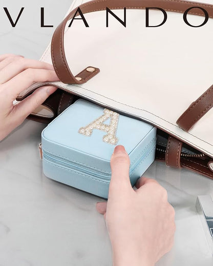 Vlando Travel Jewelry Box for Women and Girls - W Initial Small Case, Letter X, Blue - Gifts