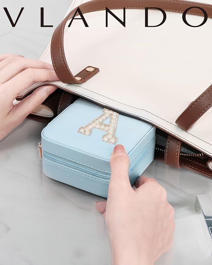 Vlando Travel Jewelry Box for Girls Women, Initial Jewelry Organizer Box Travel Must Haves Jewelry Case for Girls, Travel Necklace Earrings Ring Box for Daughters, Valentines Gift - Letter S, Blue