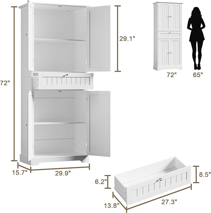 ChooChoo 72" H Tall Bathroom Floor Cabinet, Modern Bathroom Storage Cabinet with Drawer and Adjustable Shelves, Freestanding Kitchen Pantry Cupboard with 4 Doors for Living Room, White