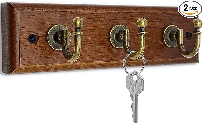 6.7" Wooden Key Holder for Wall, Decorative Key Rack with 3 Hooks (2 Pack Brown)