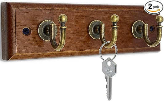 6.7" Wooden Key Holder for Wall, Decorative Key Rack with 3 Hooks (2 Pack Brown)