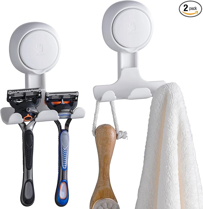 TAILI Suction Cup Razor Holder in Shower 2 Pack, Towel, Loofah, Shaver Holder for Bathroom Wall, Powerful Suction Cup Shower Hooks, Easy to Install and Reuse, White