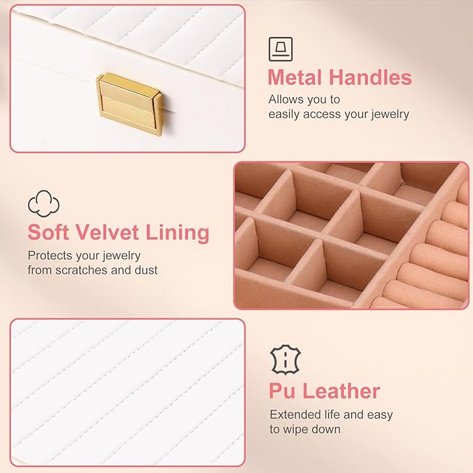 Gifturbo 2 Layers Jewelry Boxes for Women, White Jewelry Organizer Box with Removable Tray, PU Leather Jewelry Storage Box for Girls, Modern Style for Rings Earrings Necklace Bracelets, Gift Idea