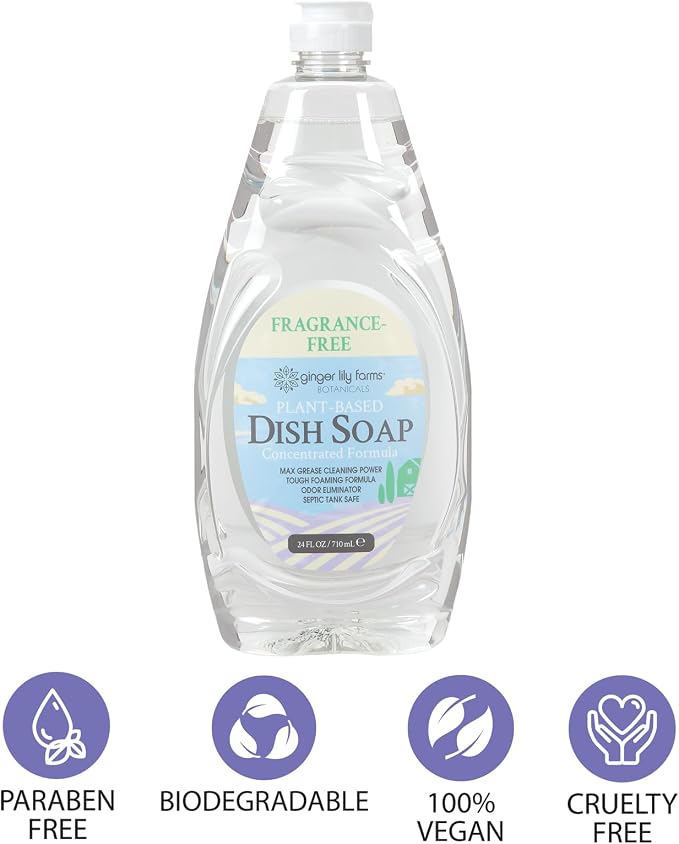 Ginger Lily Farms Botanicals Plant-Based Liquid Dish Soap, Concentrated Formula with Max Grease Cleaning Power, Cruelty-Free, Fragrance-Free, 24 Fl Oz (Pack of 8)