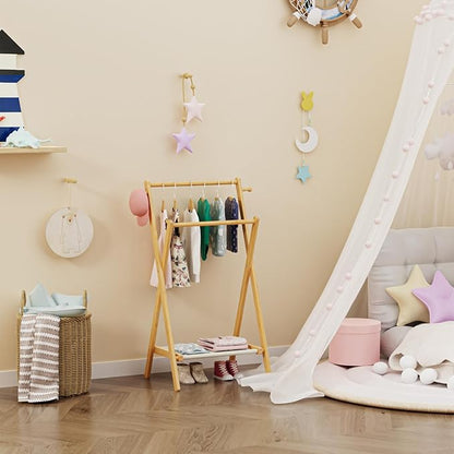 Kids Clothing Rack, Small Clothes Rack for Toddler Pets, Kids Dress Up Rack with Storage Shelf & Double Rods, Foldable Kids Clothes Rack for Nursery Child's Room (Small Size)