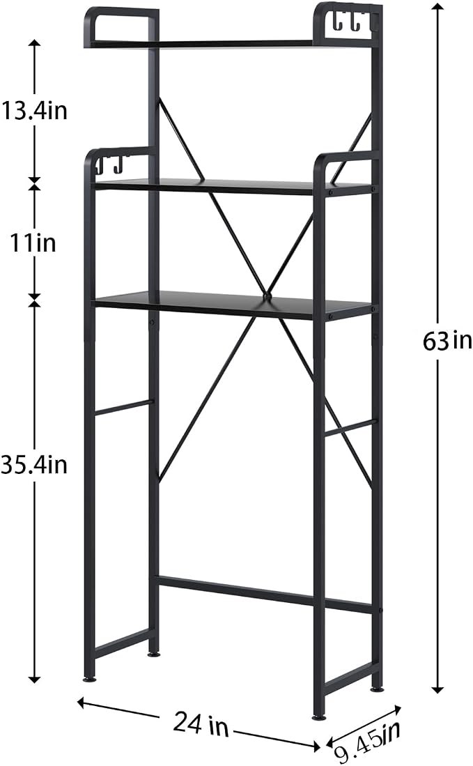 Huhote Over-The-Toilet Storage Rack with 3-Tier Shelves, Space Saver Toilet Shelf, Bathroom Storage Organizer with Hooks for Over-Toilet Storage (Black)