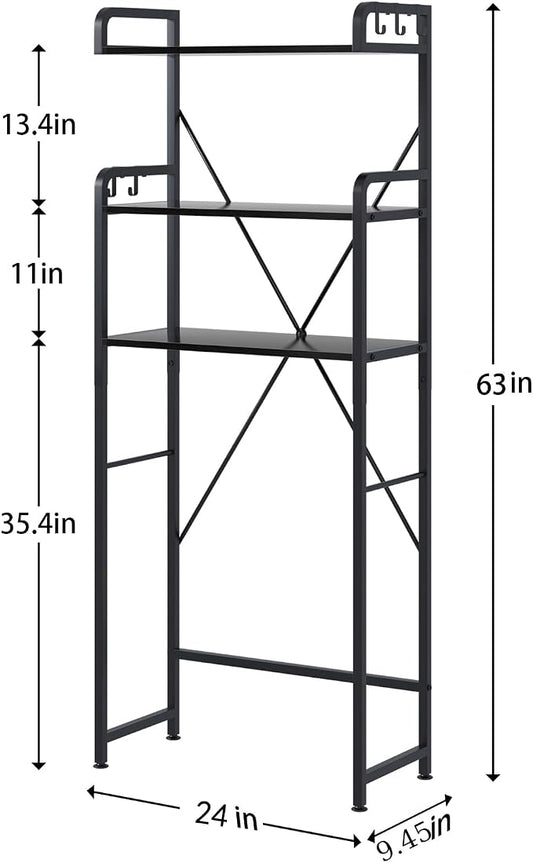 Huhote Over-The-Toilet Storage Rack with 3-Tier Shelves, Space Saver Toilet Shelf, Bathroom Storage Organizer with Hooks for Over-Toilet Storage (Black)