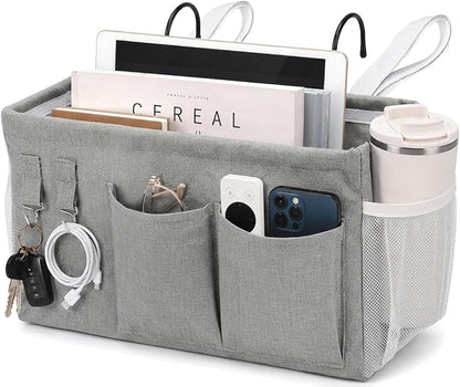 1pc Bedside Caddy Organizer with Hooks, No-Sagging Canvas Hanging Bed Pocket with Water Bottle Holder, Bedside Storage for Dorm Room Essentials, Bunk Bed Accessories, Hospital Bed Rails & Crib (gray)