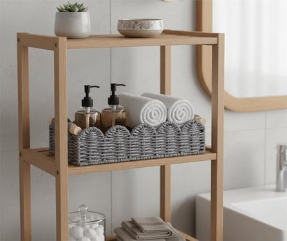 CubesLand Toilet Paper Storage Basket Organizer, Small Wicker Toilet Tank Top Decorative Baskets for Countertop, Handwoven Scalloped Basket w/handle for Home Decor, Living Room, Bedroom, Grey