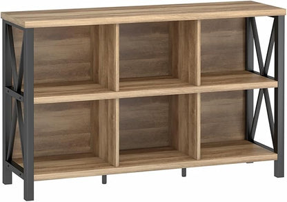 FATORRI 6 Cube Storage Organizer with Shelf, Long Wood and Metal Cubby Bookcase, Industrial Horizontal Bookshelf (Rustic Oak, 47 Inch) | with Shelf, Long, Horizontal Bookshelf