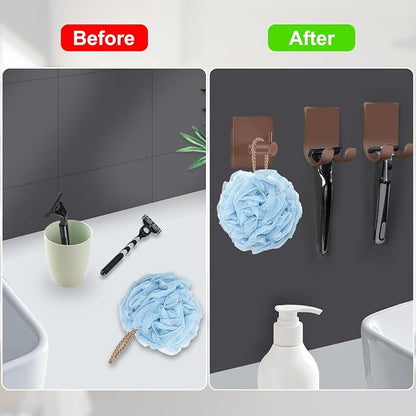 CGBE Razor Holder for Shower, 4 Packs Shaver Holder and Hooks, Self Adhesive Wall Mounts for Bathroom, Damage Free - Brown
