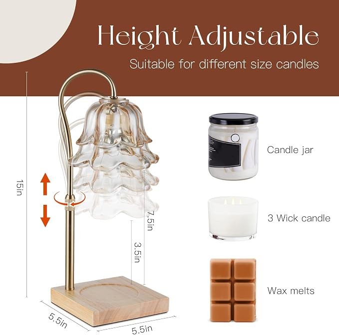 Candeldo Candle Warmer Lamp with Timer: Flower Gold Candle Lamps Height Adjustable Wax Melt House Warming Gifts New Home Decor Mothers Day Birthday Gift for Women Mom