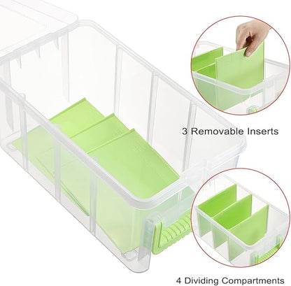 BTSKY Clear Plastic Dividing Storage Box with 4 Deep Compartments Adjustable Storage Bin with Lid Portable Craft Container Multipurpose Sewing Box Art Supply Organizer, 13.9x7.9x6.2 Inches, Green