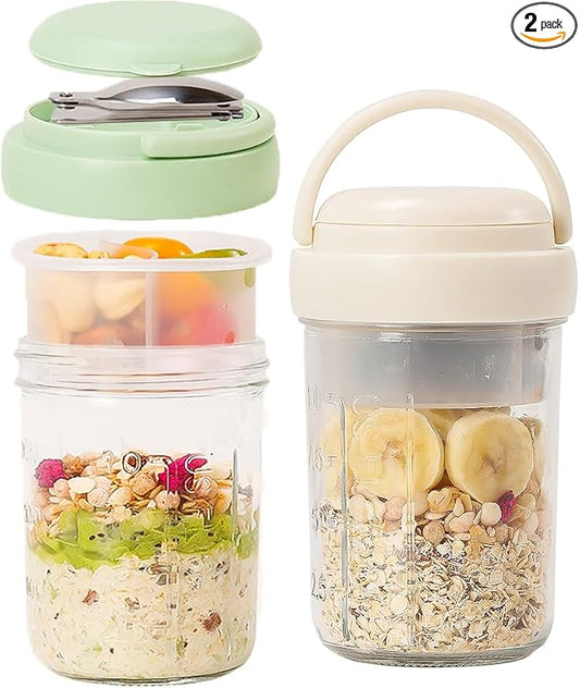 UWILLION Overnight Oats Containers with Handles, 16 oz Glass Mason Jars with Lids, Folding Spoons & Topping Compartments, Yogurt Parfait Cups for Meal Prep, Chia Pudding, Breakfast to Go, 2 Pack
