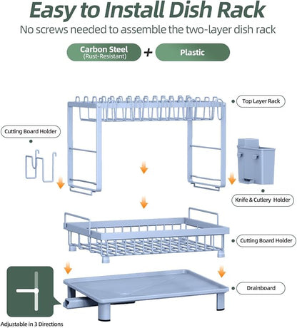 Dish Drying Rack 2-Tier Dish Racks with Drainboard, Rustproof, Space-Saving Dish Rack, Utensil & Cup Holder for Kitchen Counter, Blue