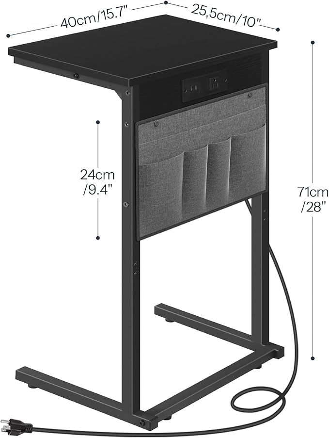 HOOBRO C Shaped End Table with Charging Station, 28" Tall Couch Table for Couch and Recliner for Small Spaces, Slide Under Sofa Table TV Tray with Storage Bag for Living Room, Black BB70USF01
