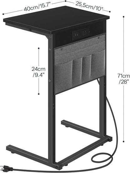 HOOBRO C Shaped End Table with Charging Station, 28" Tall Couch Table for Couch and Recliner for Small Spaces, Slide Under Sofa Table TV Tray with Storage Bag for Living Room, Black BB70USF01