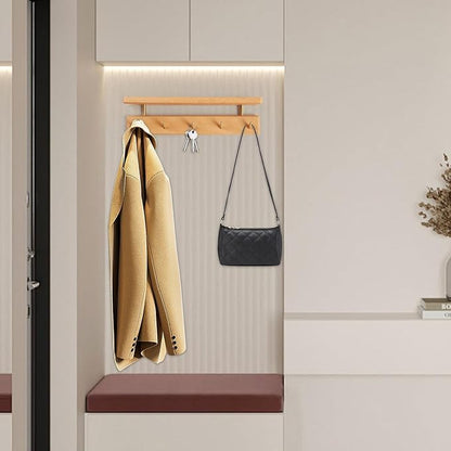 Solid Wood Shelf with Hooks, 15 inch Coat Rack Wall Mount, Shelves with 5 Brass Hooks for Hanging in Entryway, Living Room, Bathroom, Bedroom, Kitchen(Beechwood)