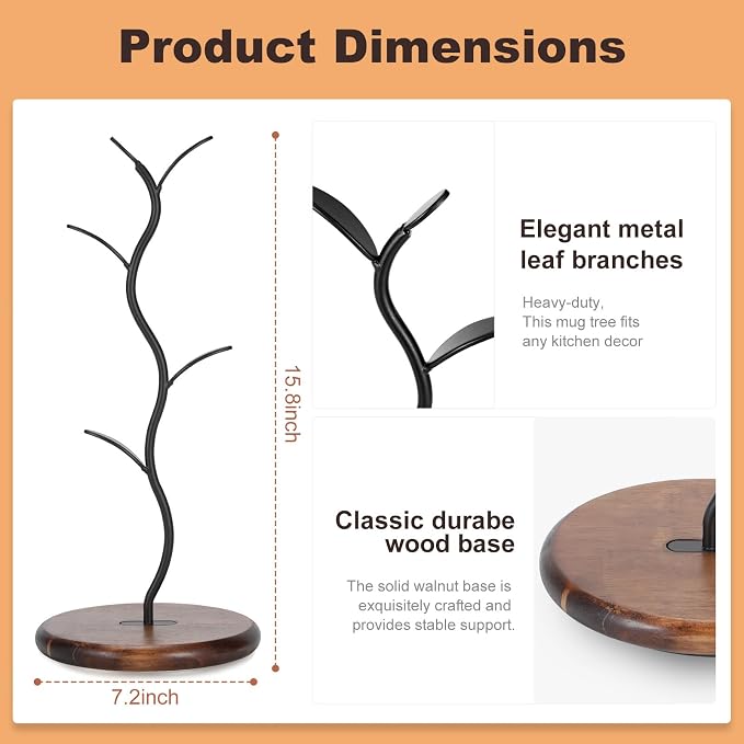 Mug Tree Holder, Bronze Metal Leaf Branch & Solid Wood Base Mug Holders, Countertop Coffee Mug Trees Organizer for Kitchen, 4 Hooks, Sleek Modern Decor for Coffee Station