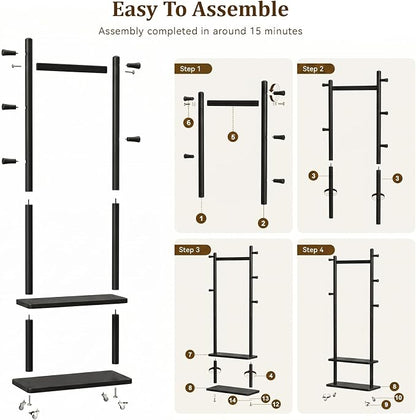 Taitiy Coat Rack Freestanding Clothing Rack with Wheels & 2 Shelves Storage & 5 Hooks Heavy Duty Clothes Rack Wood Coat Tree Stand Hat Hanger Rack for Corner Bedroom Entryway Living Room Hotel Size L