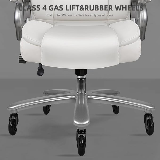 VITESSE 500lbs Heavy Duty Office Chair for Low Back Pain Relief, Big and Tall Office Chair with Ergonomic Lumbar Support, High Back Executive Chair with Quiet Rubber Wheel（White）