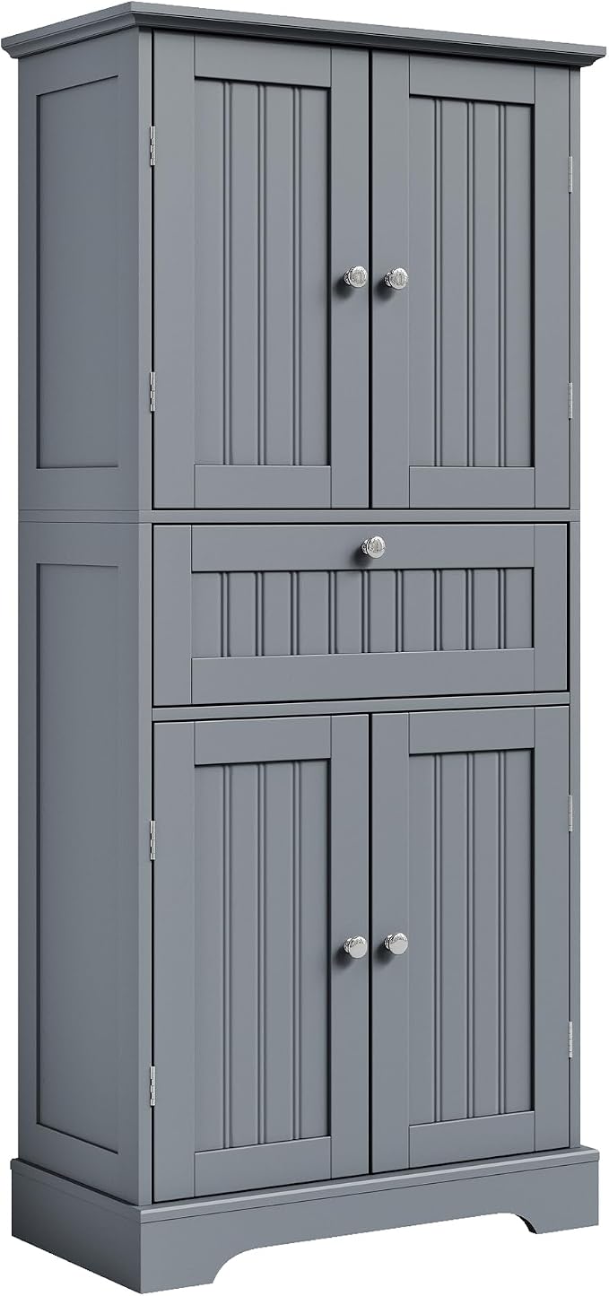 ChooChoo 51" H Tall Bathroom Floor Cabinet, Modern Bathroom Storage Cabinet with Drawer and Adjustable Shelves, Freestanding Kitchen Pantry Cupboard with 4 Doors for Living Room, Grey