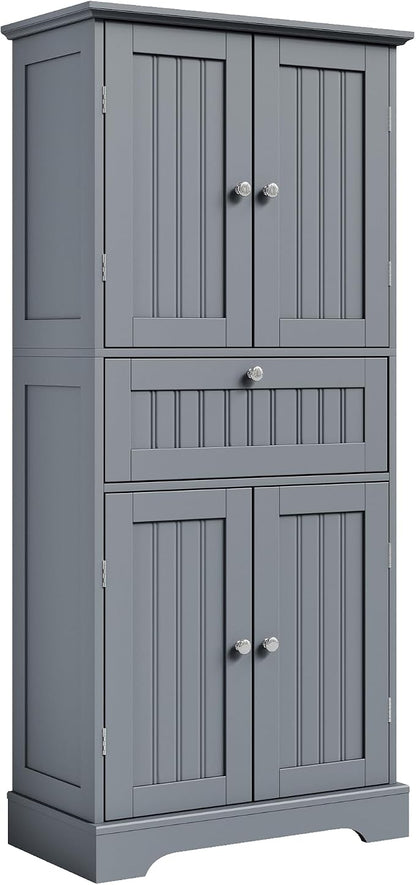 ChooChoo 51" H Tall Bathroom Floor Cabinet, Modern Bathroom Storage Cabinet with Drawer and Adjustable Shelves, Freestanding Kitchen Pantry Cupboard with 4 Doors for Living Room, Grey