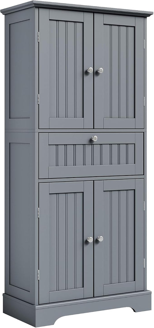 ChooChoo 51" H Tall Bathroom Floor Cabinet, Modern Bathroom Storage Cabinet with Drawer and Adjustable Shelves, Freestanding Kitchen Pantry Cupboard with 4 Doors for Living Room, Grey