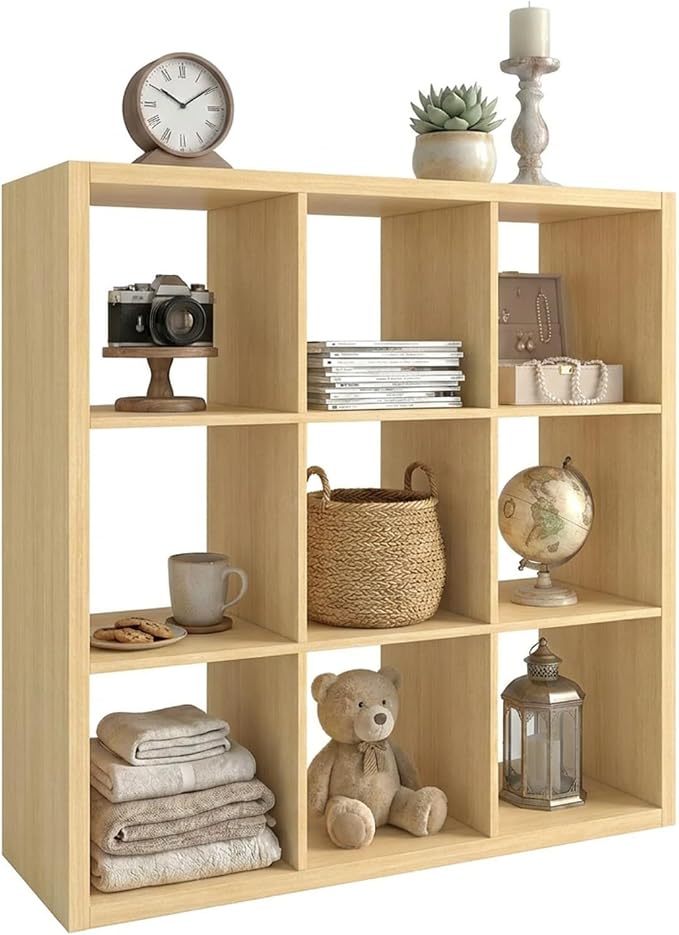 WannabeMyself【2026 Wooden Thick Frame】 9 Cube Storage Organizer with Anti-Tipping Kits, Reversible Open Back Book Shelf,Bookcase for Living Room,Bedroom,Entrance Hall,Office,11.6×36.3×36.3,Oak Color