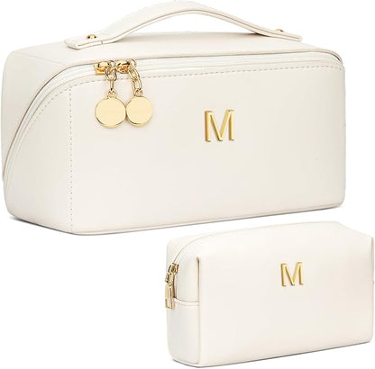 Valentine's Day Gifts for Women Teen Girl, Personalized Initial Makeup Organizer Bag Set, Open Flat Travel Cosmetic Bag With Clear Divider and Handle(Beige,M)
