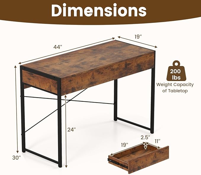GOFLAME Modern 2-Drawer Computer Desk, Home Office Desk w/Reinforced Heavy-Duty Metal Frame, Versatile Study Writing Desk w/Anti-Tip Kit, Ideal for Bedroom, Study, Office, Small Spaces, Rustic Brown