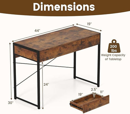 GOFLAME Modern 2-Drawer Computer Desk, Home Office Desk w/Reinforced Heavy-Duty Metal Frame, Versatile Study Writing Desk w/Anti-Tip Kit, Ideal for Bedroom, Study, Office, Small Spaces, Rustic Brown