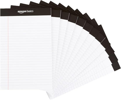 Amazon Basics Narrow Ruled Lined Writing Note Pads for Notes, Office Supplies, 5" x 8", White, 12-Pack of 50 Pages, Perforated