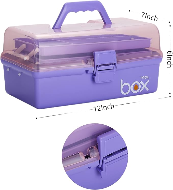 Kinsorcai 2PCS 12'' Three-Layer Clear Plastic Storage Box/Tool Box, Multipurpose Organizer and Portable Handled Storage Case for Art Craft and Cosmetic (Purple)