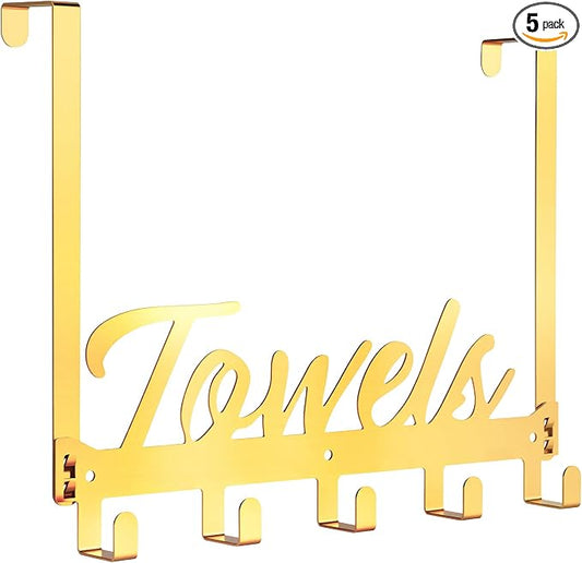 Azmoncy Over The Door Hooks, Towel Rack Towel Hooks for Bathroom, Towel Holder for Hanging Heavy Duty, Door Rack Over Door Hanger with 5 Coat Hooks for Bedroom Bathroom Kitchen（Light Gold）