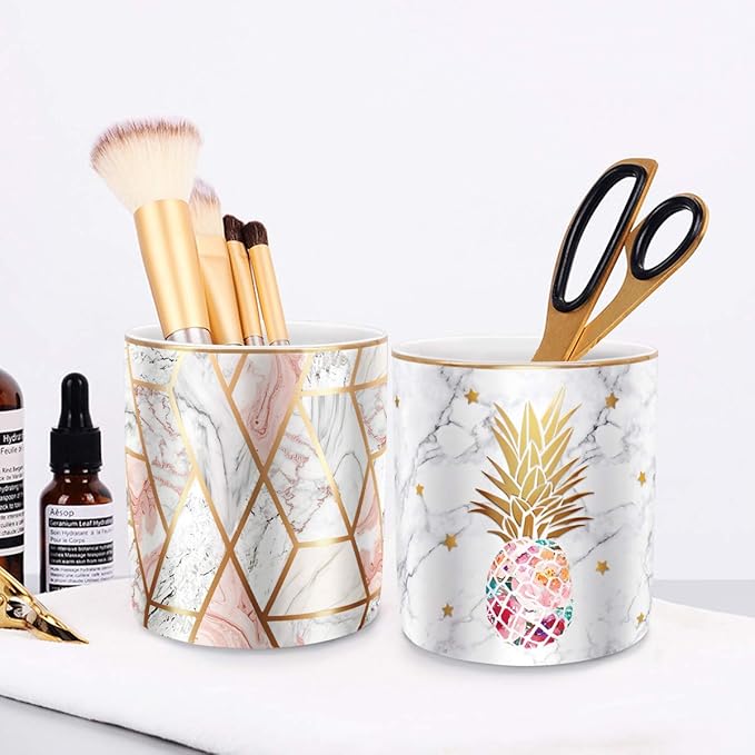 WAVEYU Pen Holder, Pencil Holder for Desk, Cute Makeup Brush Holder Marble Pineapple Pattern Pencil Cup for Girls Kids Durable Ceramic Desk Organizer Pineapple Decor for Office, Classroom
