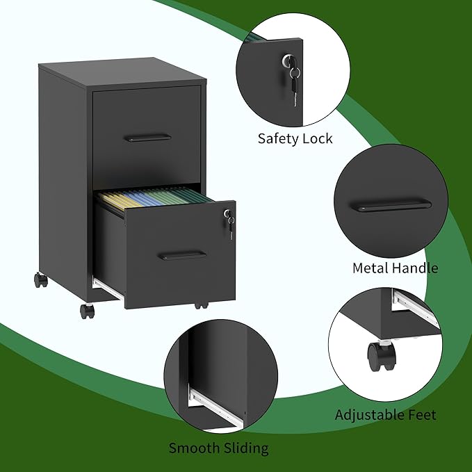 2 Drawer Mobile File Cabinet, Metal Under Desk Filing Cabinet with Lock and Wheels, Home Office Rolling File Cabinet for Legal/Letter Hanging File Folders, Un-Assembled, Black