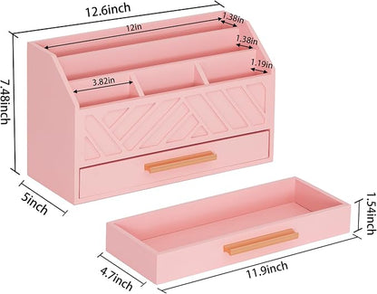 dreampossible Pink Wood Desk Organizer and Accessories with Drawer, Bill Mail Organizer and File Mail Holder for Office Supplies, Modern Desk Accessories & Workspace Organizers for Desk Organization